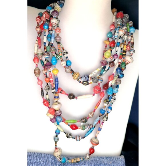 64" African Rolled Recycle Paper Bead Necklace Multicolor Uganda Handmade BoHo - Picture 1 of 4